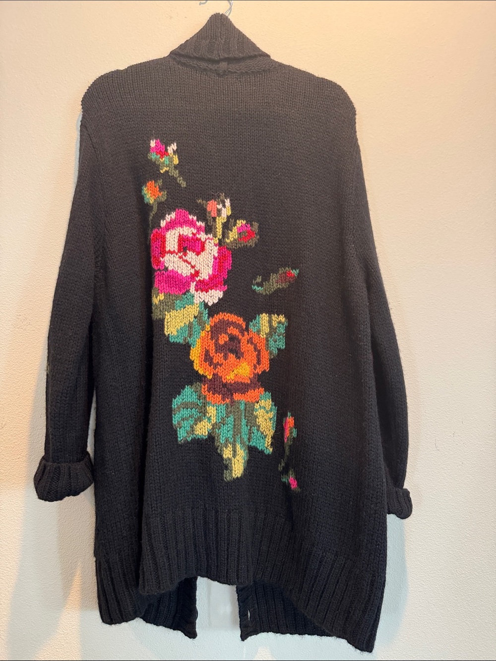 Johnny Was Black Shawl-Collar Cardigan with Multicolor Floral Sleeves - Picture 5 of 6